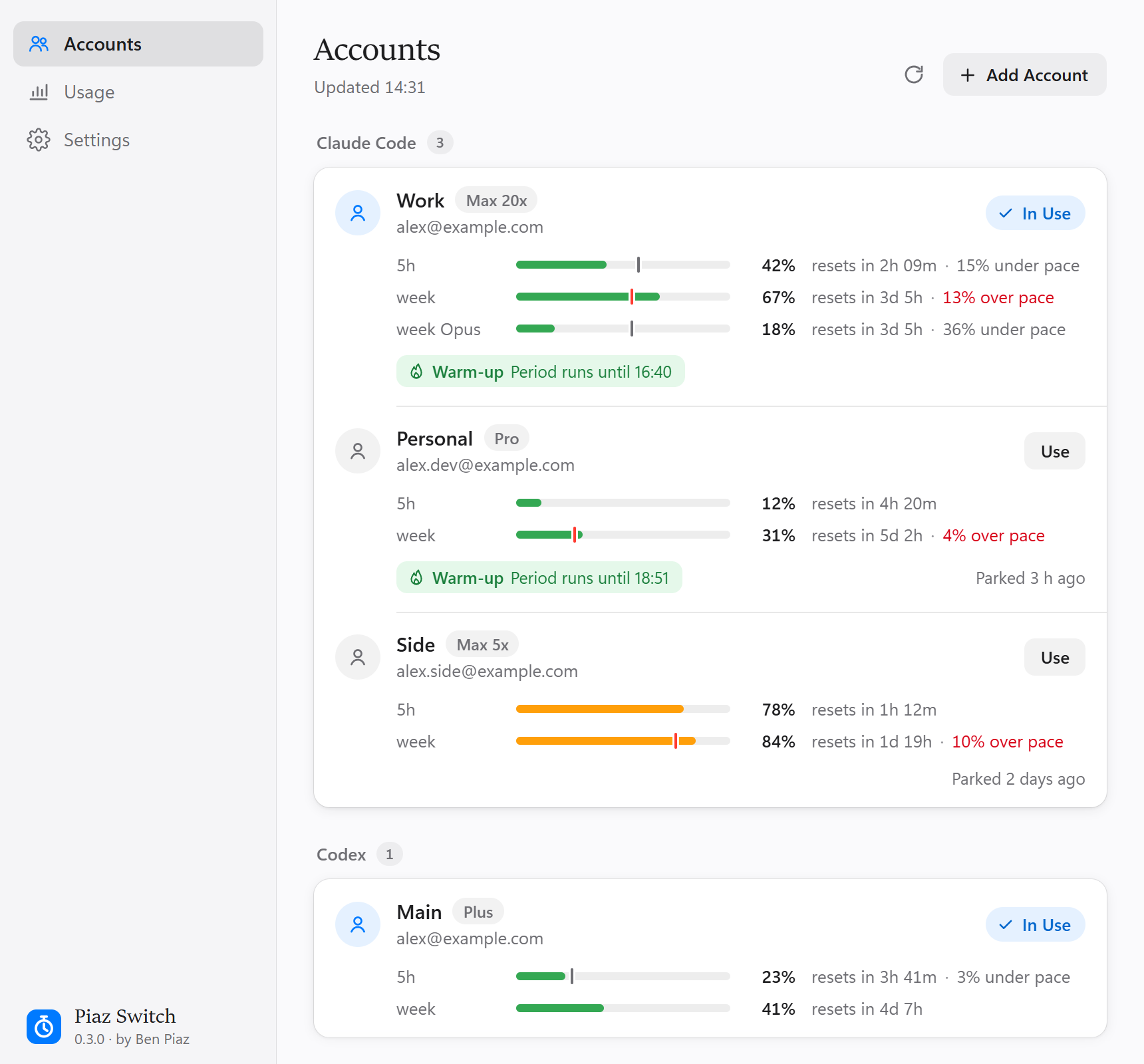 Piaz Switch: every account with its 5-hour, weekly and per-model limits
