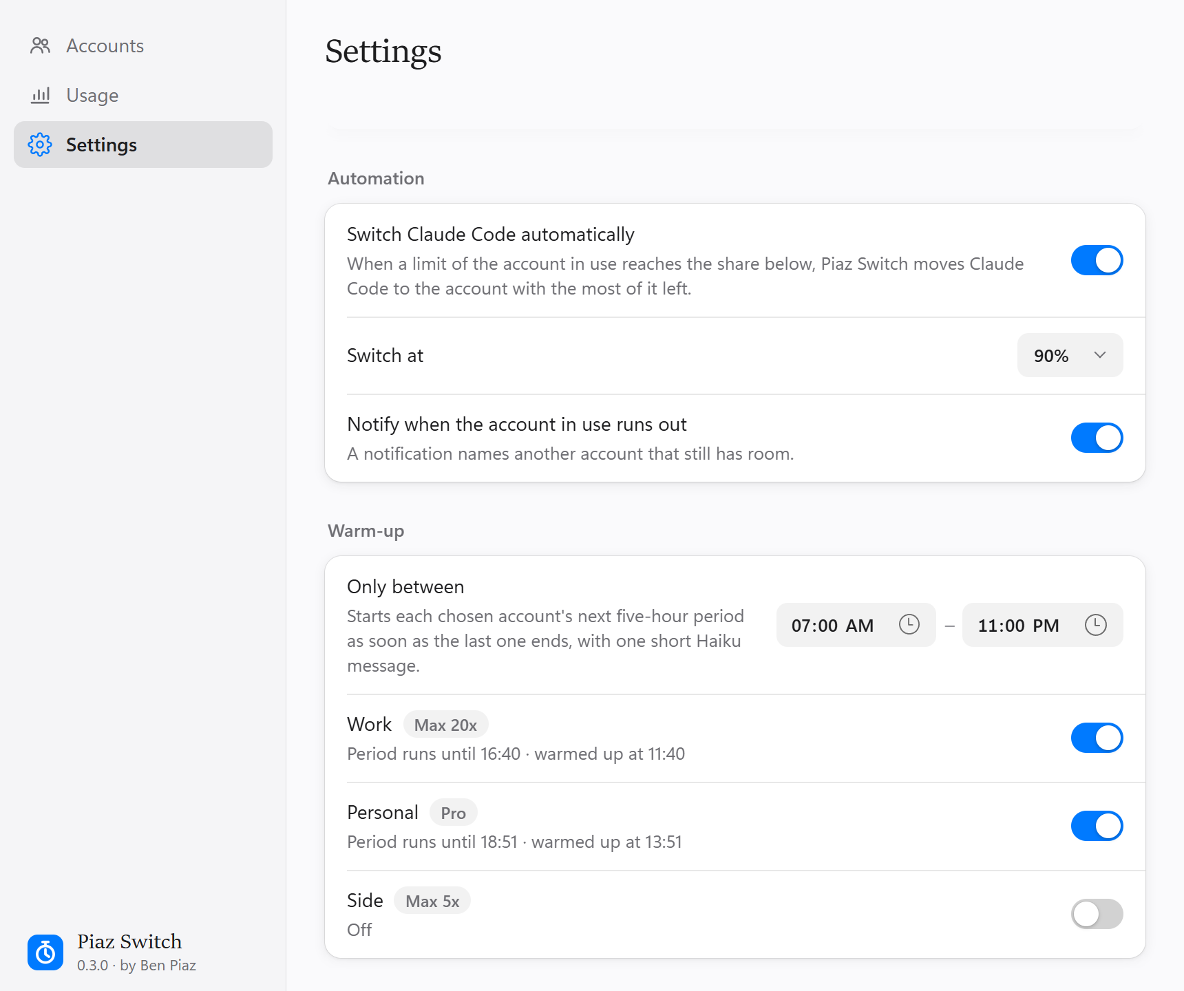 Settings: automatic switching and warm-up