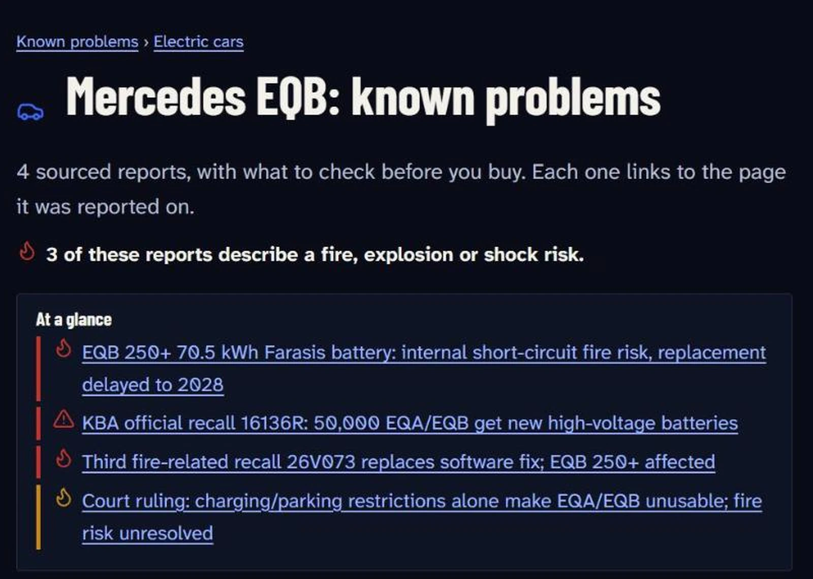 The Mercedes EQB known-problems page on kriko.cc: four sourced reports, three of them fire risks.