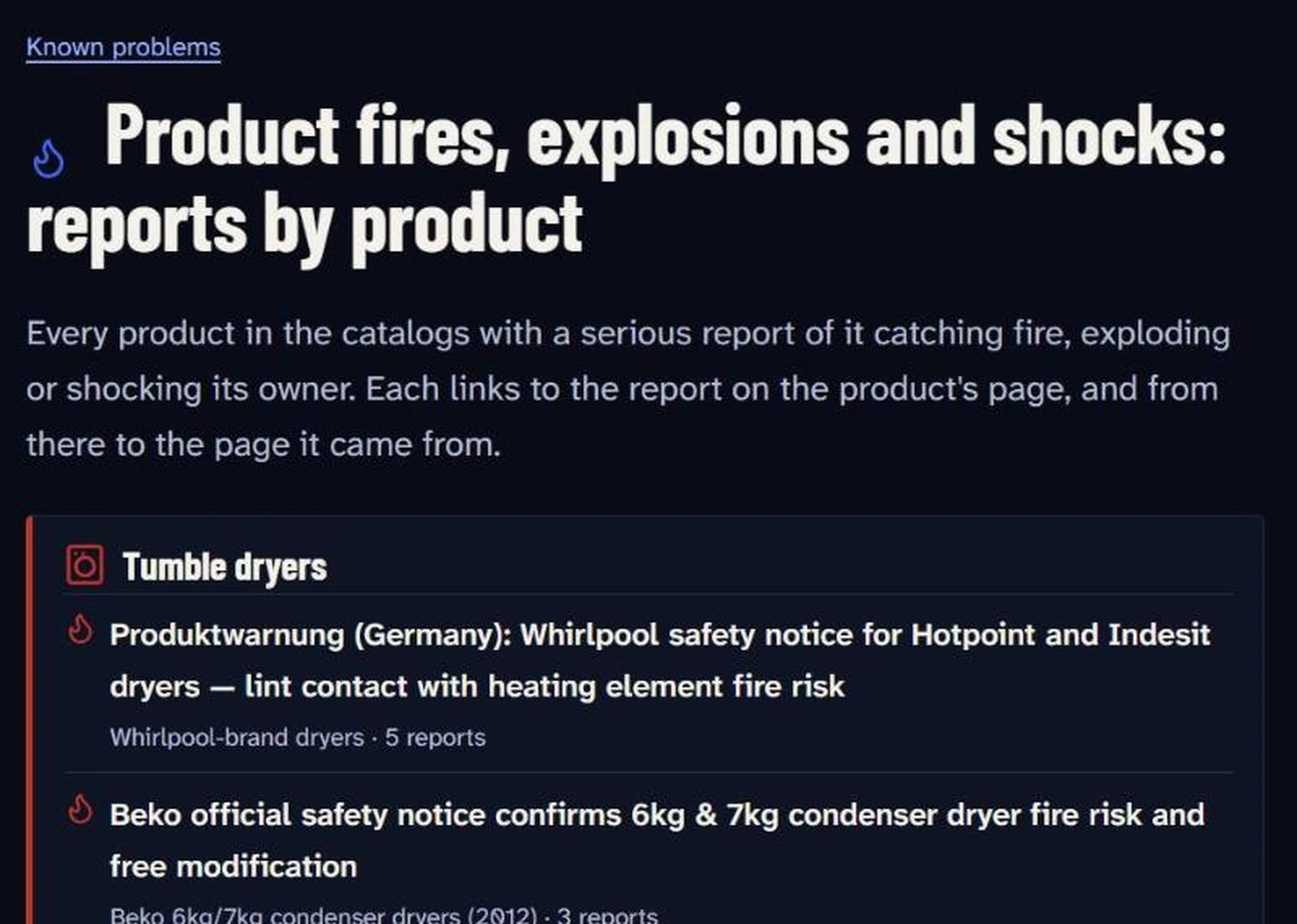 The kriko.cc page of product fires, explosions and shocks, listing tumble dryers with the report behind each.