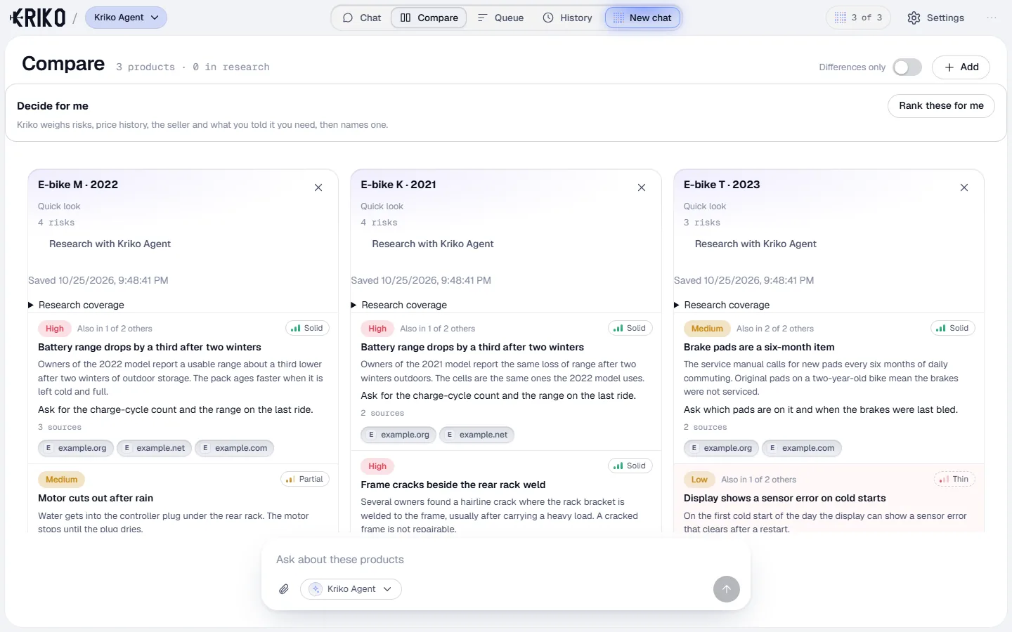 The desktop app comparing three invented e-bikes side by side, each risk with its sources.