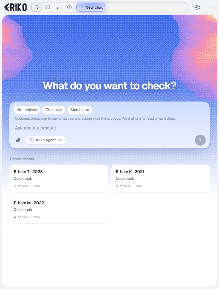 The desktop app's start screen with the question What do you want to check, and recent checks below.
