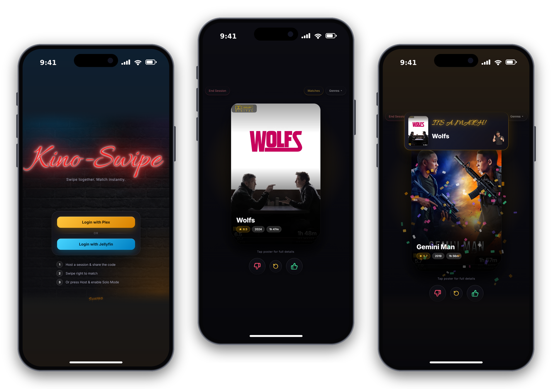 Kino-Swipe login, swiping and match screens
