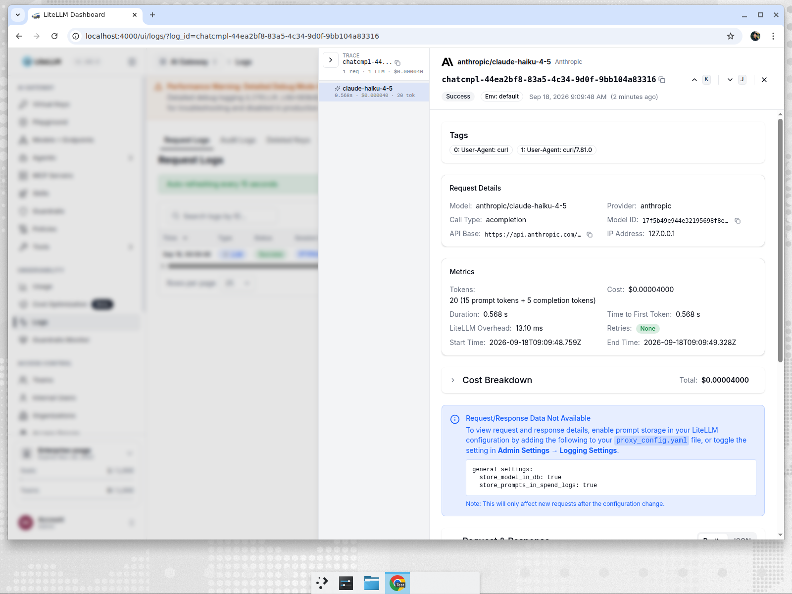 Admin UI request log detail for the Anthropic call served by the tip proxy