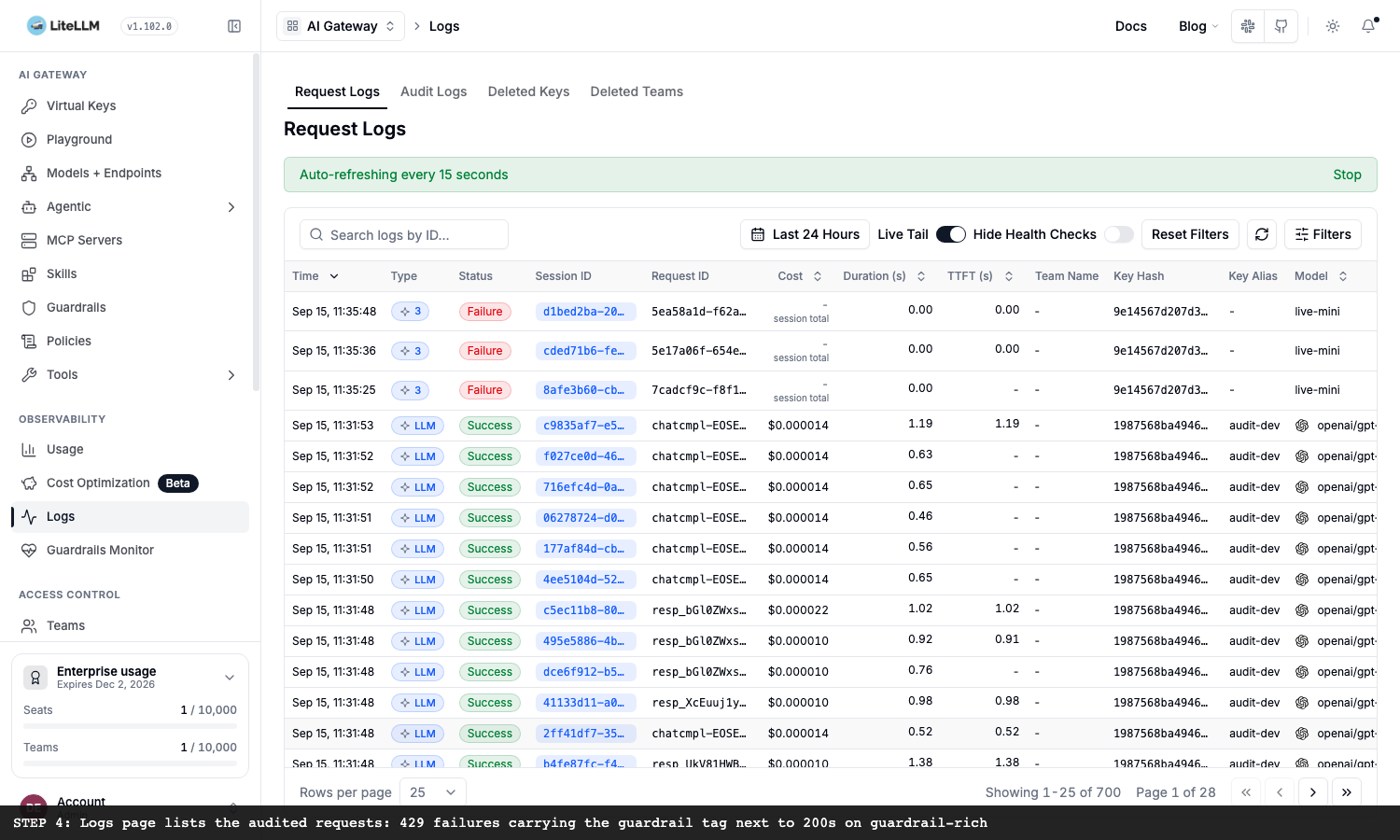 Logs page with the audited requests