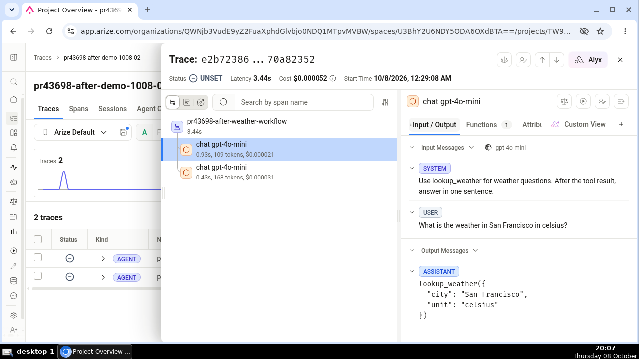After: the chat completion's tool call rendered from the indexed attributes