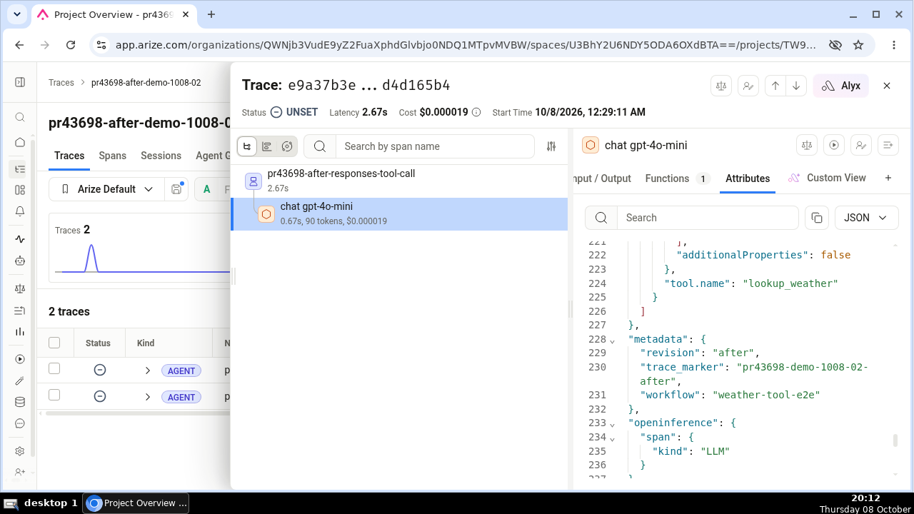 After: allowlisted metadata riding the span, rendered in the metadata panel
