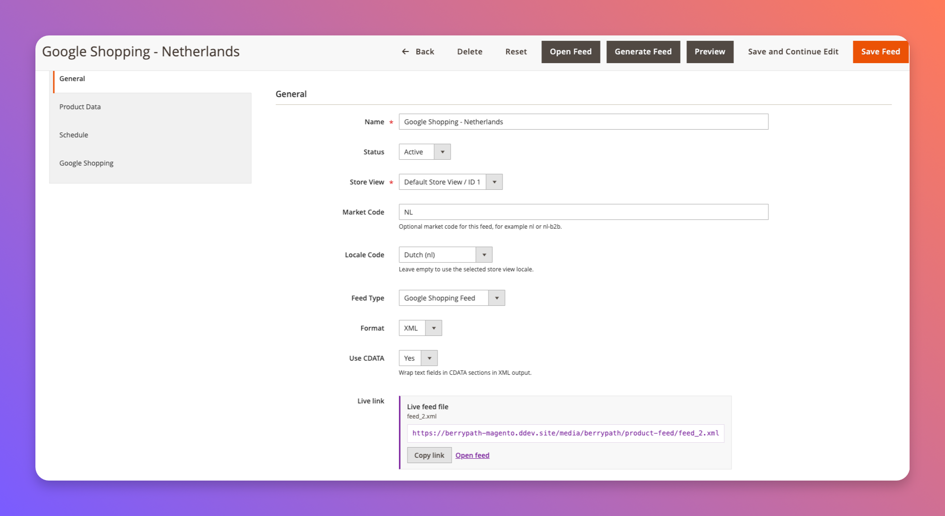 BerryPath Product Feed general options
