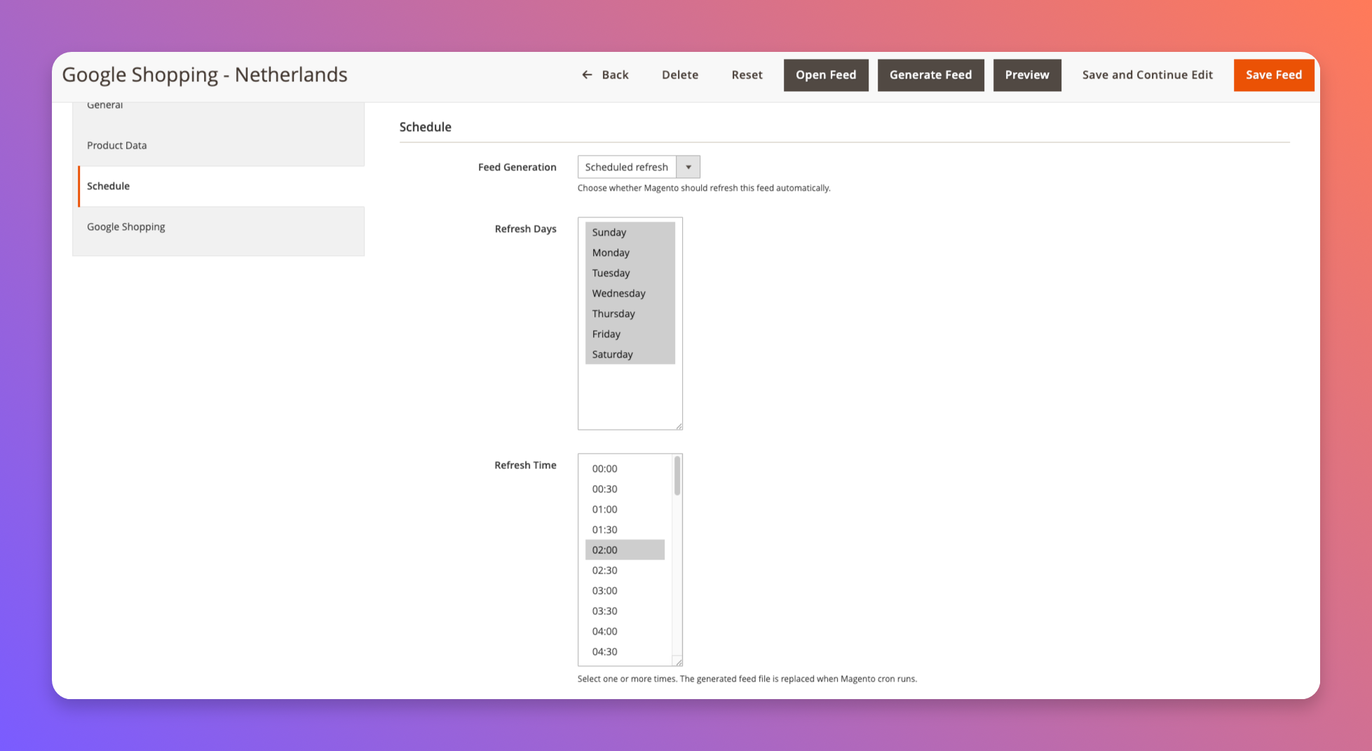 BerryPath Product Feed schedule options