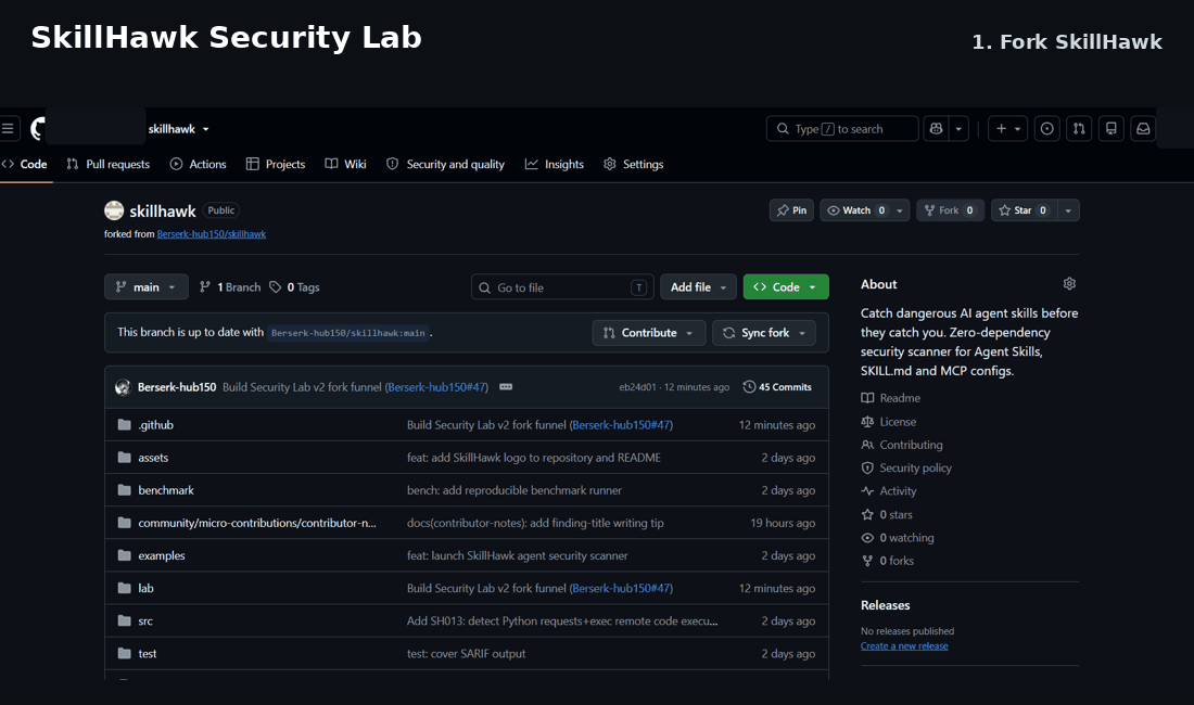 SkillHawk Security Lab demo showing fork, browser edit, GitHub Actions grading and challenge progress