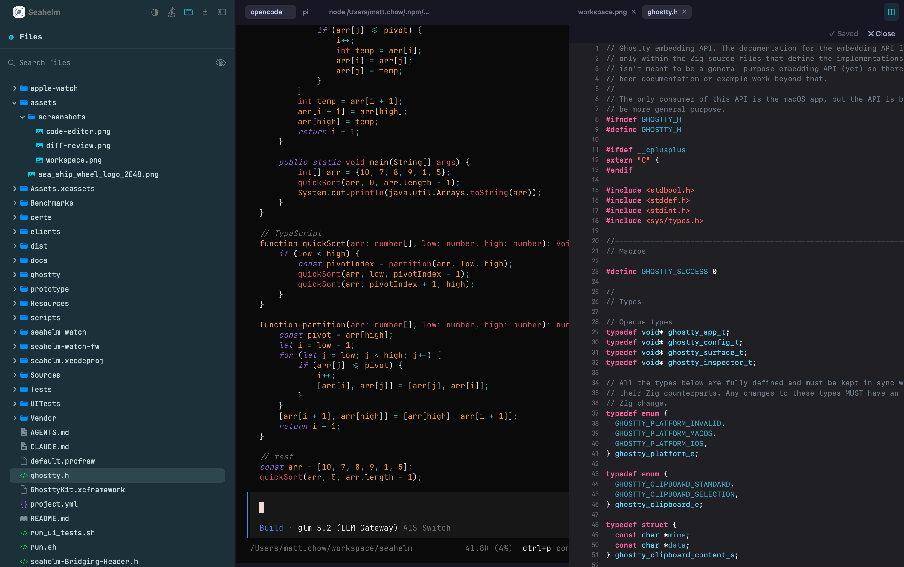 Edit mode — a terminal column and a file-preview column, each with its own tab strip