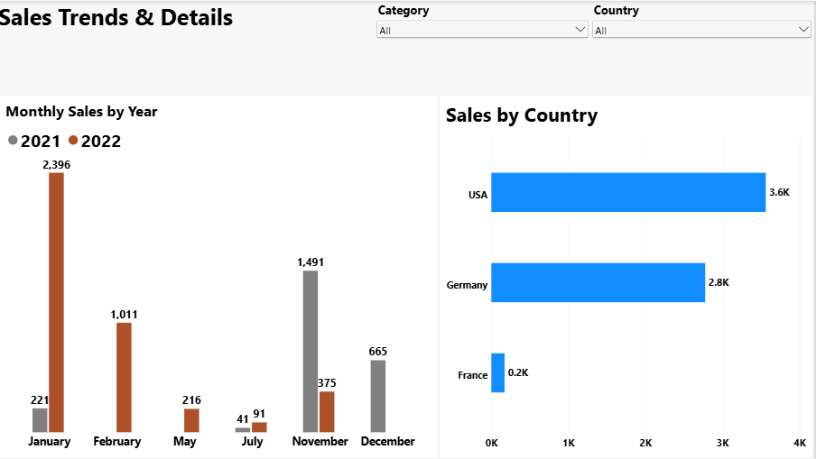 Power BI Sales Performance Dashboard details page with monthly sales by year and sales by country