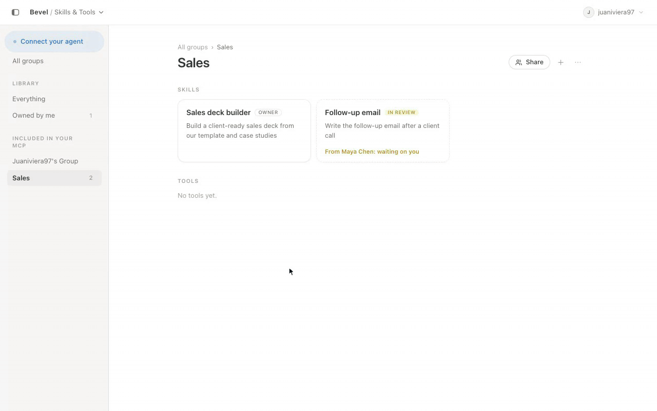 A teammate proposes a skill and its owner reviews and approves the change request