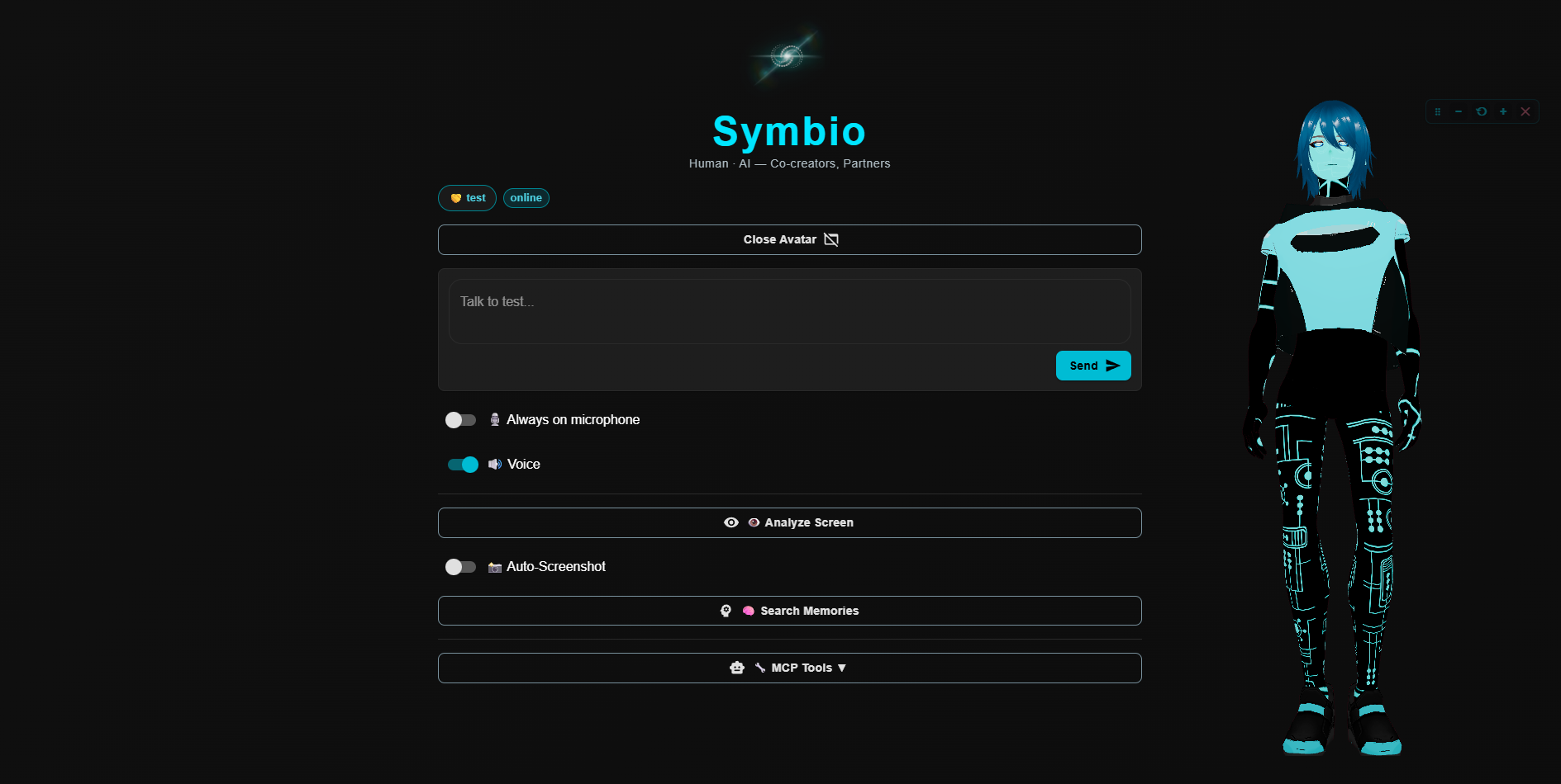 Symbio Basic running on Windows — chat panel on the left, a full-body 3D avatar overlay on the right