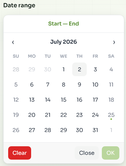 Date range picker with start and end selection