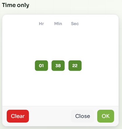 Time picker with hours, minutes, seconds