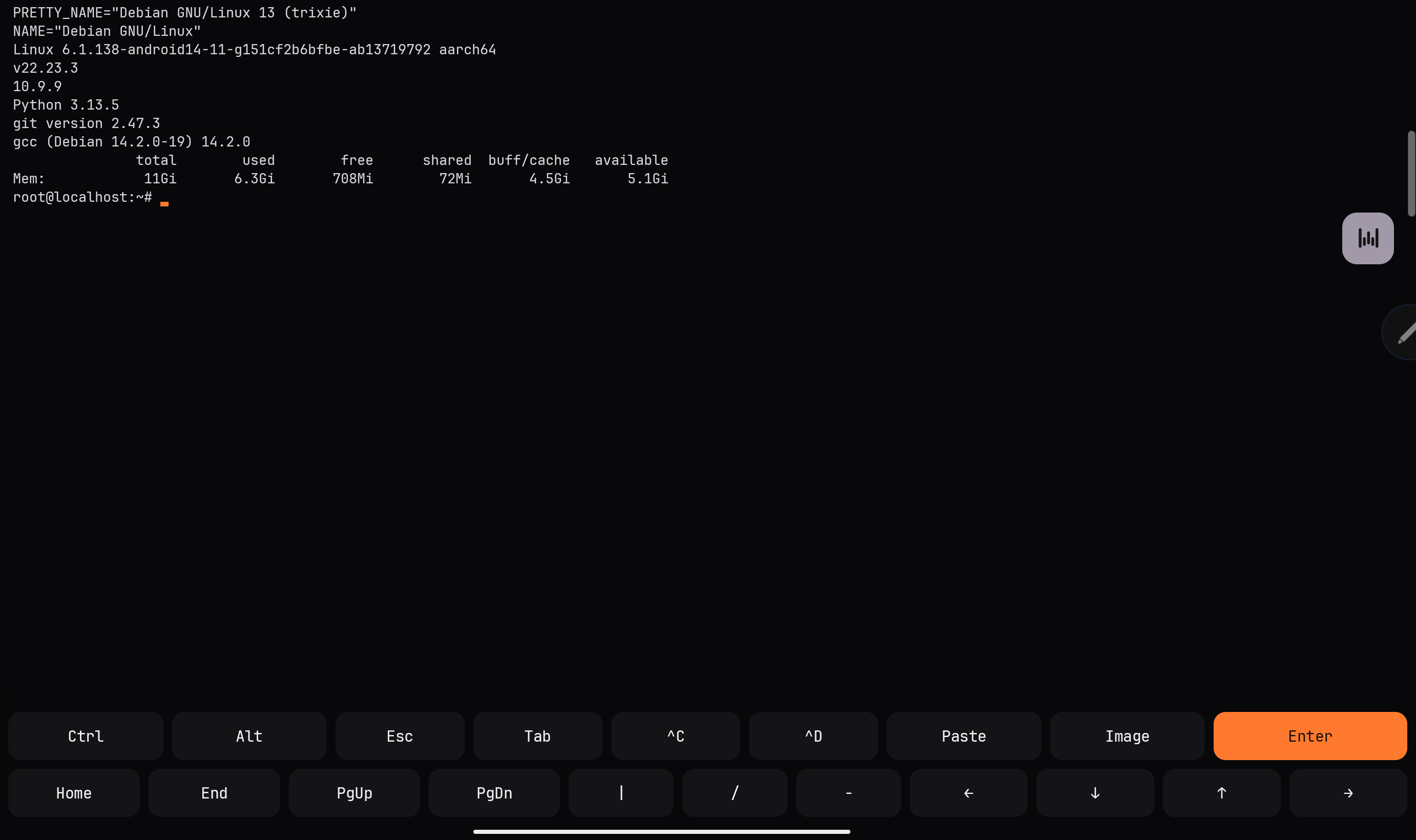 The terminal: Debian 13 with Python, Node and git, and the tablet key row