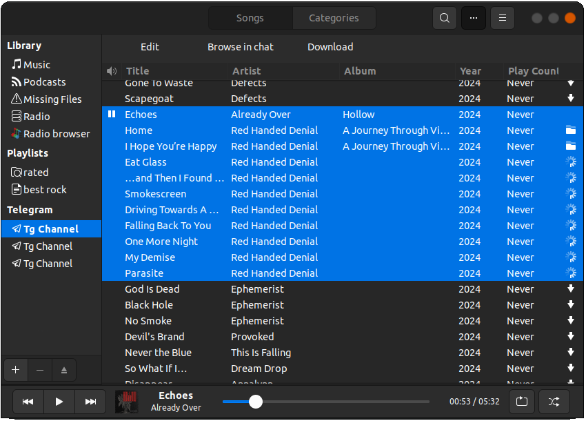 Telegram playlist in Rhythmbox