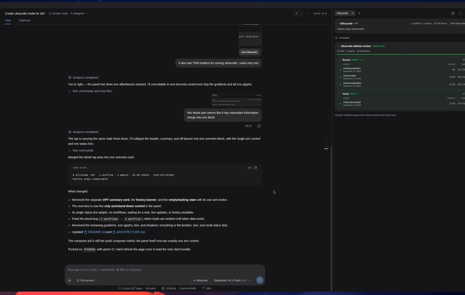 Ultracode beside a DeepSeek Harness session