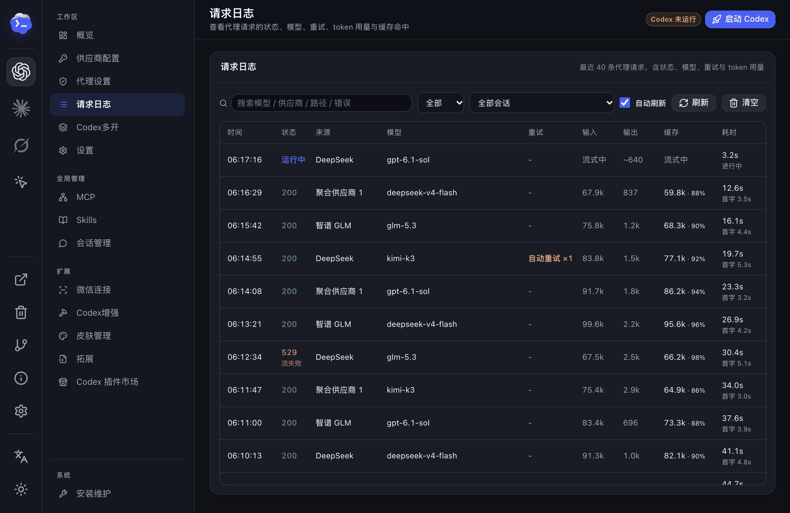 请求日志：进行中的请求、自动重试、首字耗时、输入输出与缓存 Token