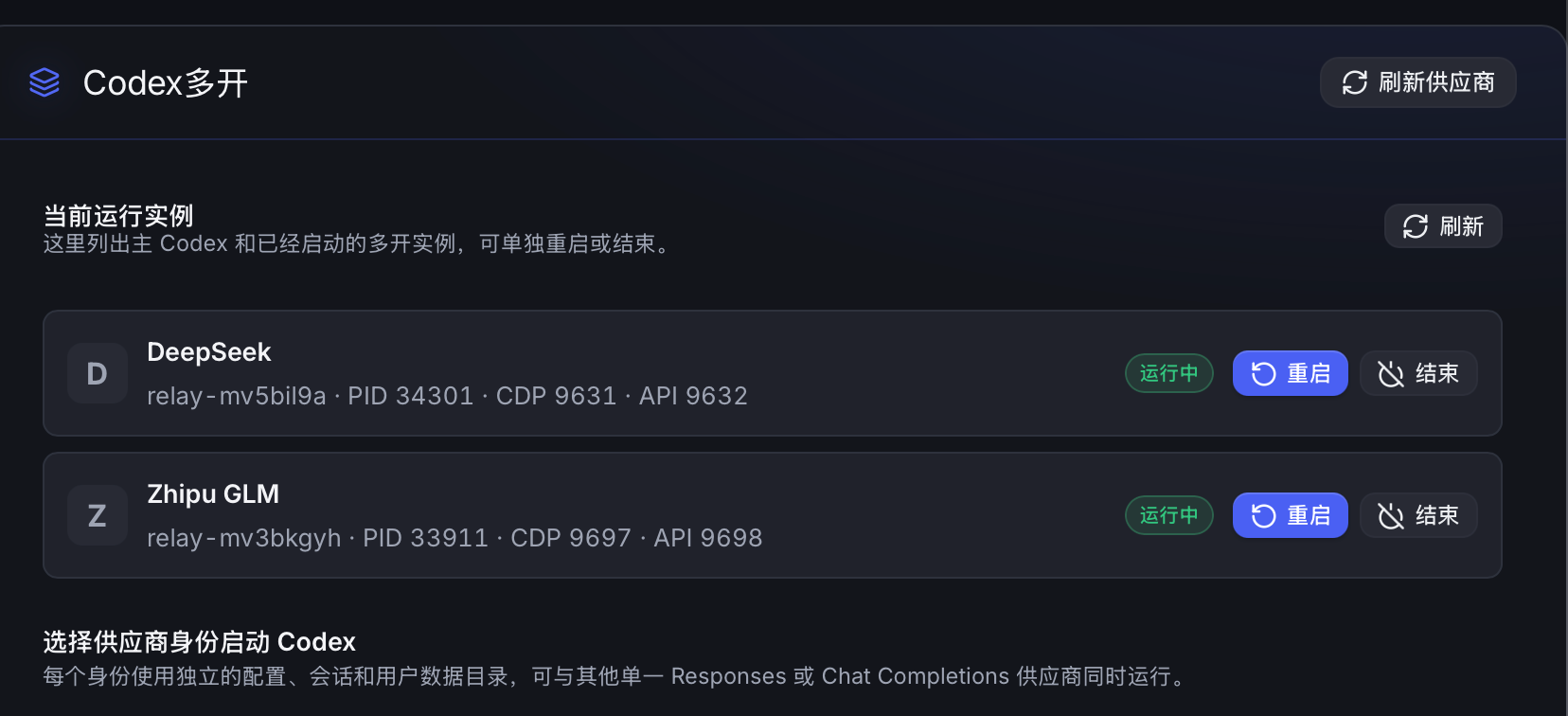 Codex 多开：列出运行中的 DeepSeek 与 Zhipu GLM 实例，可单独重启或结束