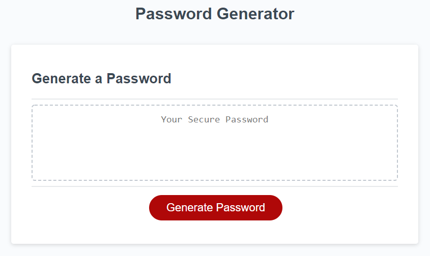 The Password Generator application displays a red button to "Generate Password".