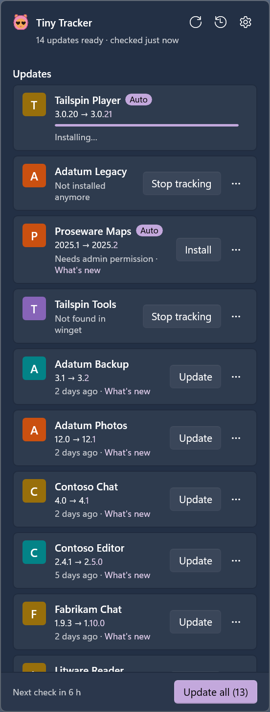The Tiny Tracker flyout, with made-up apps