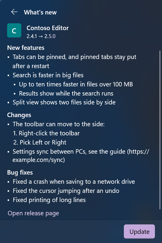 What's new, with an update's release notes