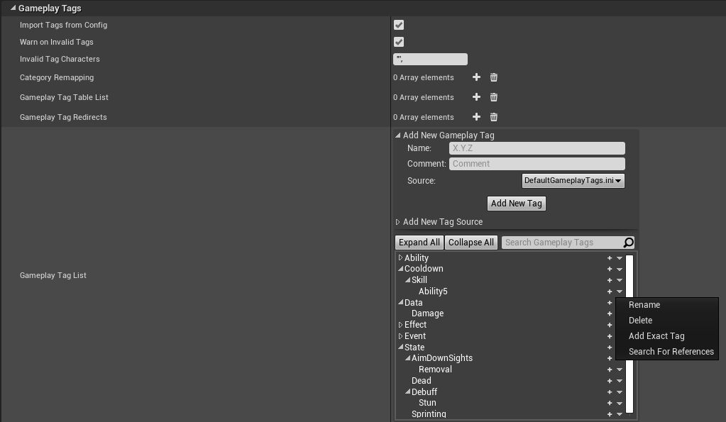 GameplayTag Editor in Project Settings