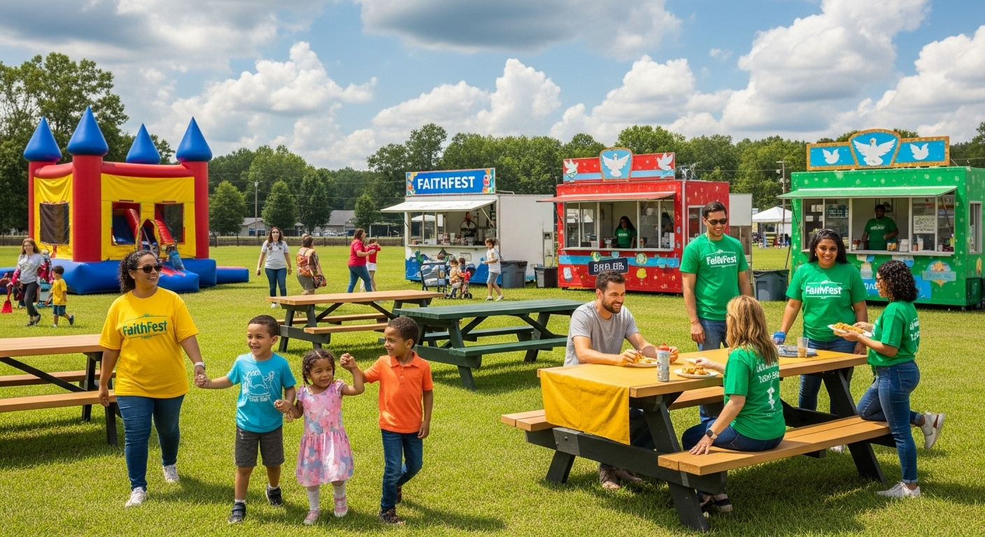 Families have fun at FaithFest 2025 in Wilkesboro, NC, enjoying food and kid-friendly activities.