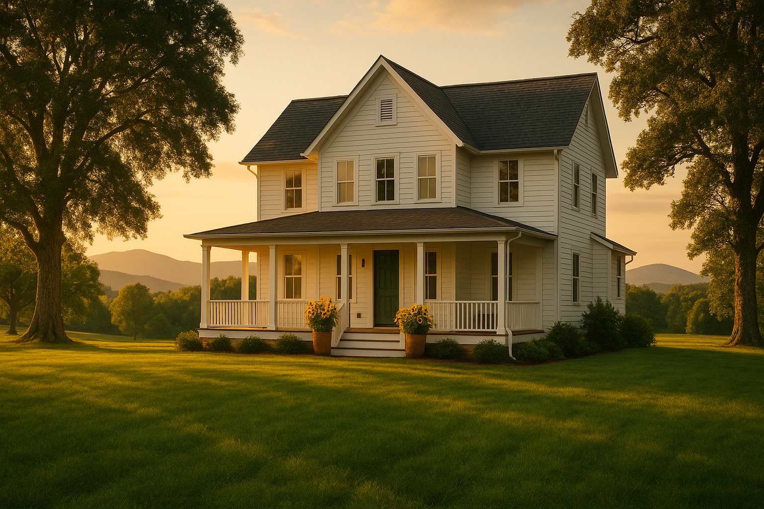 A welcoming modern farmhouse in the North Carolina foothills at sunset, representing peace and security.