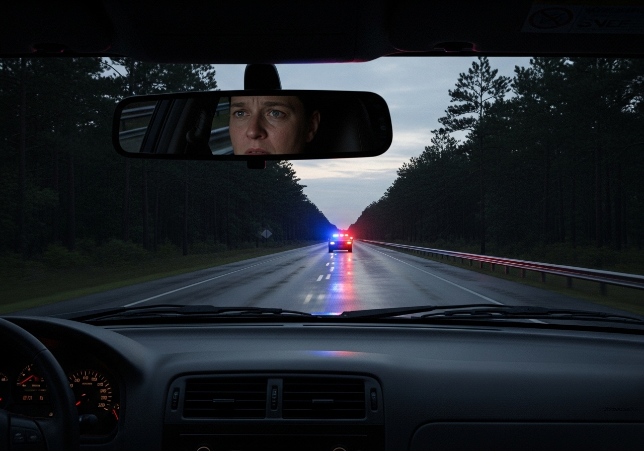 Concerned driver in car after DWI in NC arrest with police lights in background, representing legal challenges.