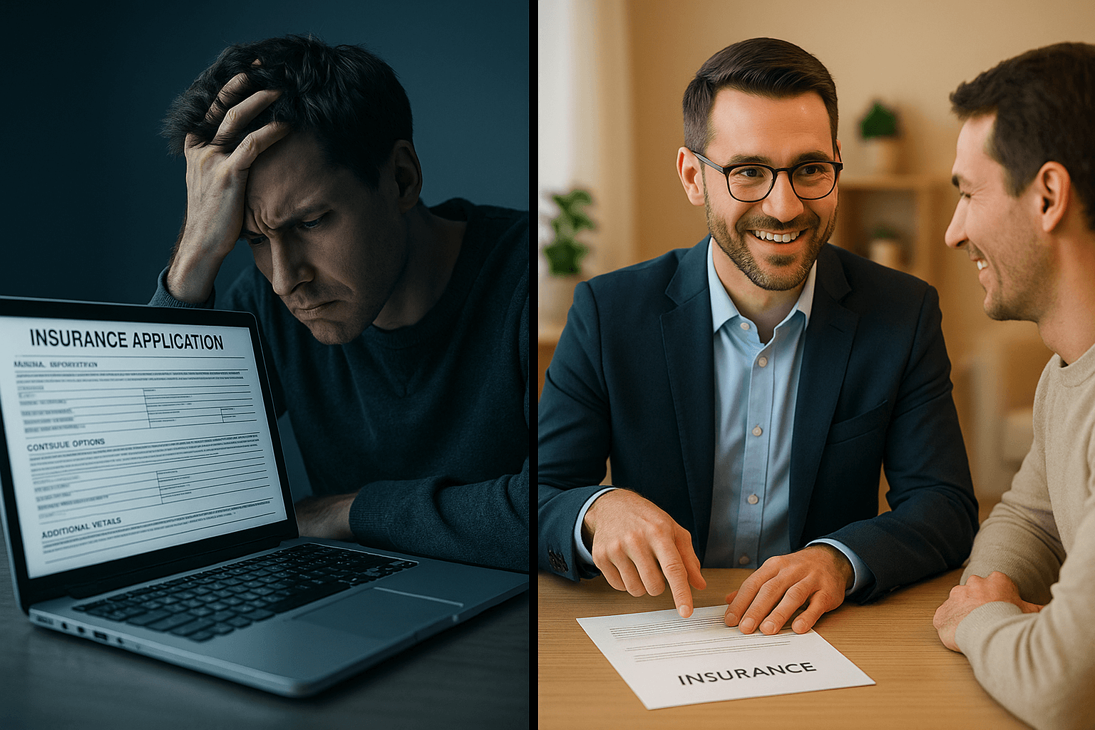 A split image showing a confusing online insurance form on one side and a friendly agent helping a client on the other.
