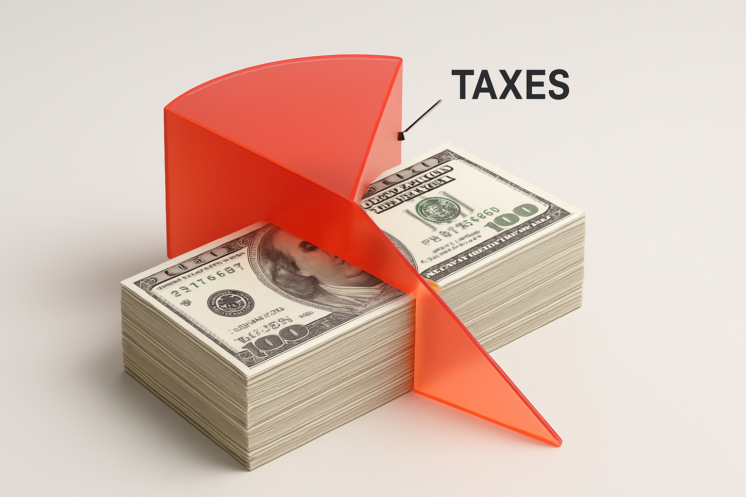 An infographic showing a large red wedge labeled 'Taxes' cutting a large portion from a stack of money.