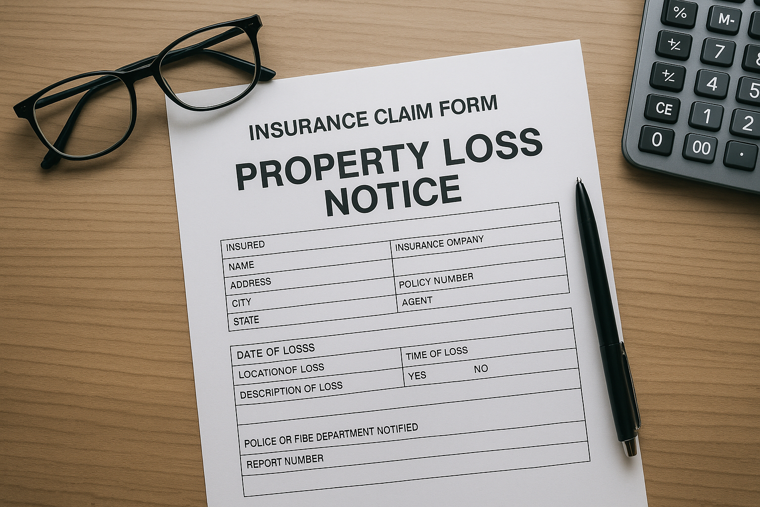 Insurance claim paperwork and a pen