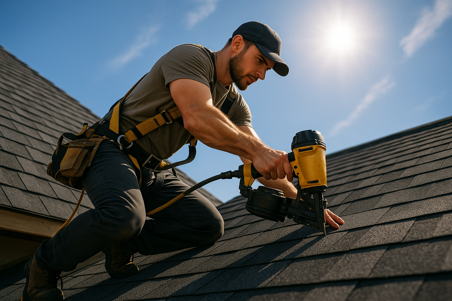 A roofer installing new shingles on a house