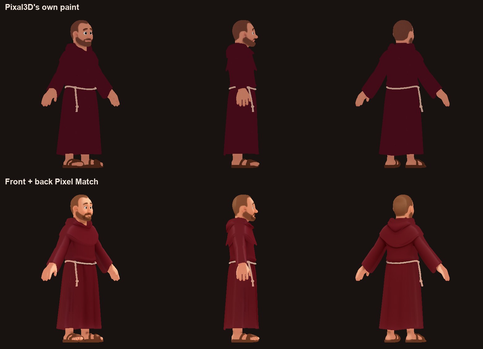 A friar in a wine-red habit from the front, side and back. Top, the generator's own paint: flat, darker, and the hood on his back is gone. Bottom, front + back Pixel Match: the habit's real colour and folds, with the hood on his back