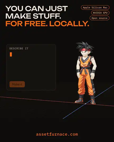 A sentence is typed, then AssetFurnace makes the picture, the 3D model, the skeleton and the moves: an anime martial artist kicking and dancing