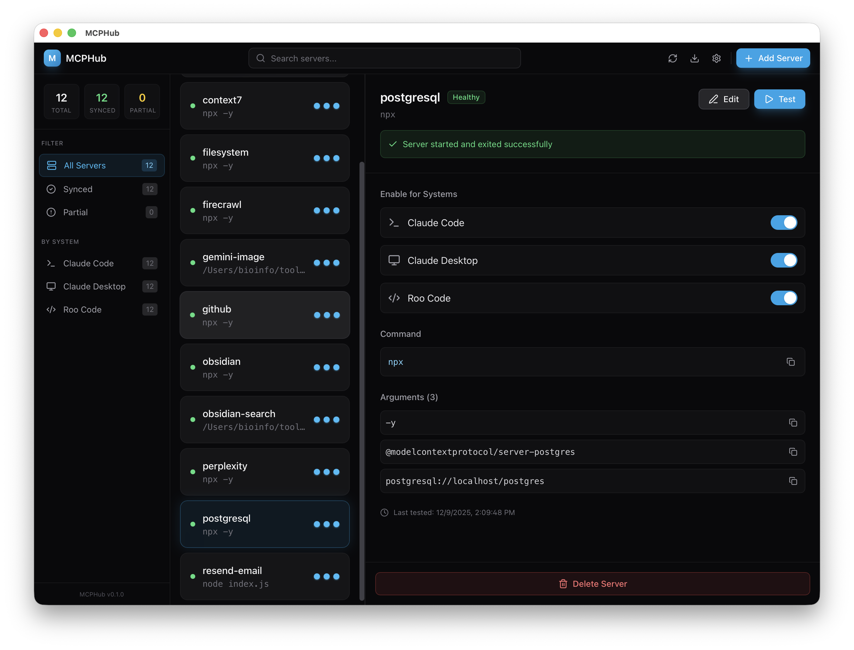 MCPHub interface showing server list and configuration