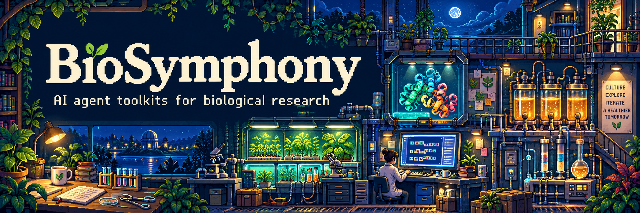 BioSymphony: a retro-game research lab with plants, protein structures, and fermentation vessels
