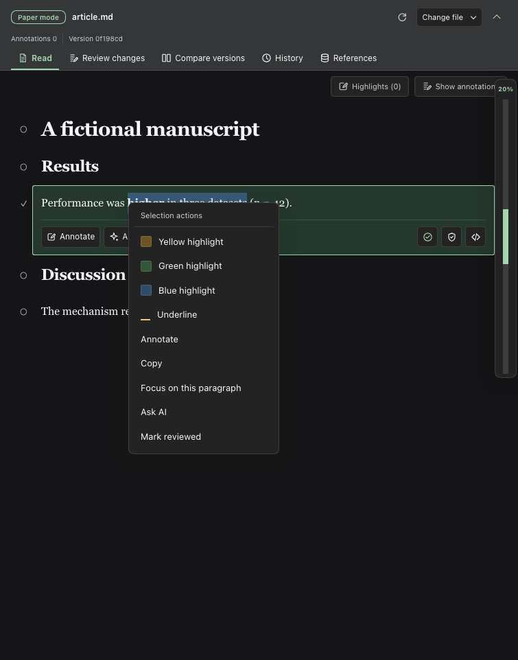 Selection actions on a fictional manuscript