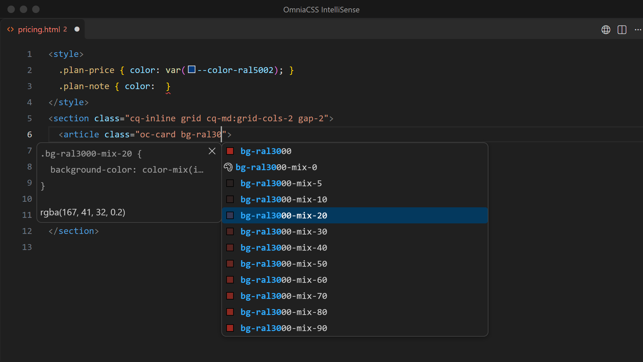 bg-ral30 lists the RAL 3000 colors and their mix steps with swatches and the color-mix() CSS