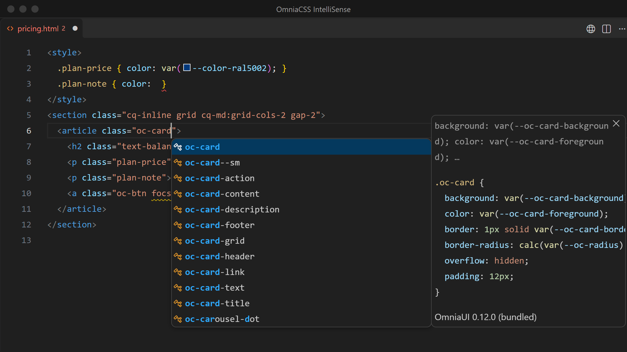 Typing oc-card lists the OmniaUI card classes; the details panel shows the .oc-card rule and OmniaUI 0.12.0