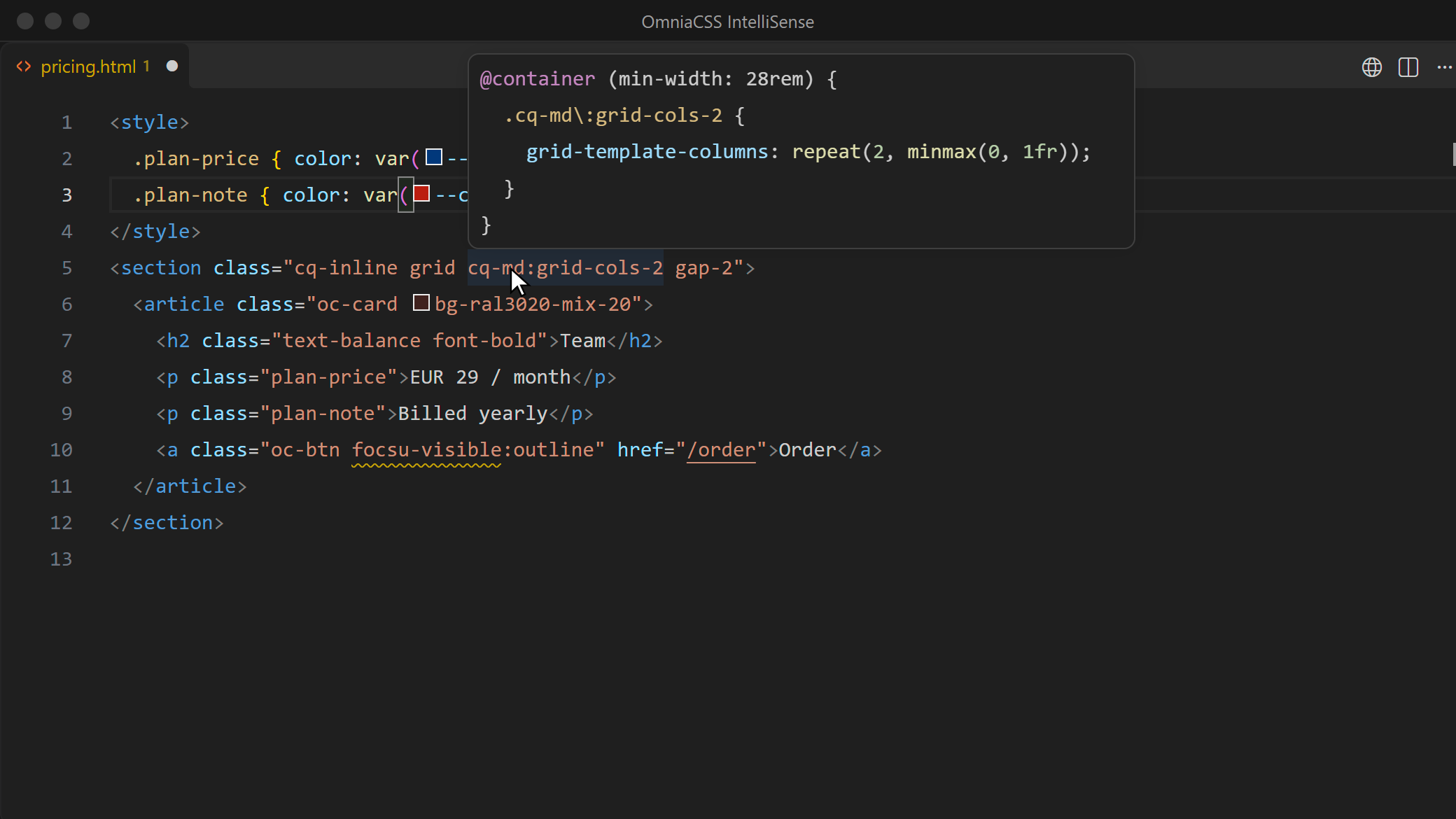 Hovering cq-md:grid-cols-2 shows @container (min-width: 28rem) with the grid-template-columns rule
