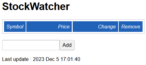 [ The StockWatcher web app displaying a field to add a stock symbol ]