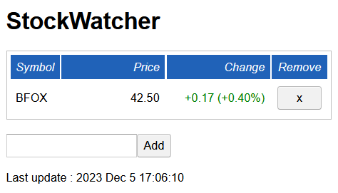 [ The StockWatcher web app displaying simulated price data for the BFOX symbol ]