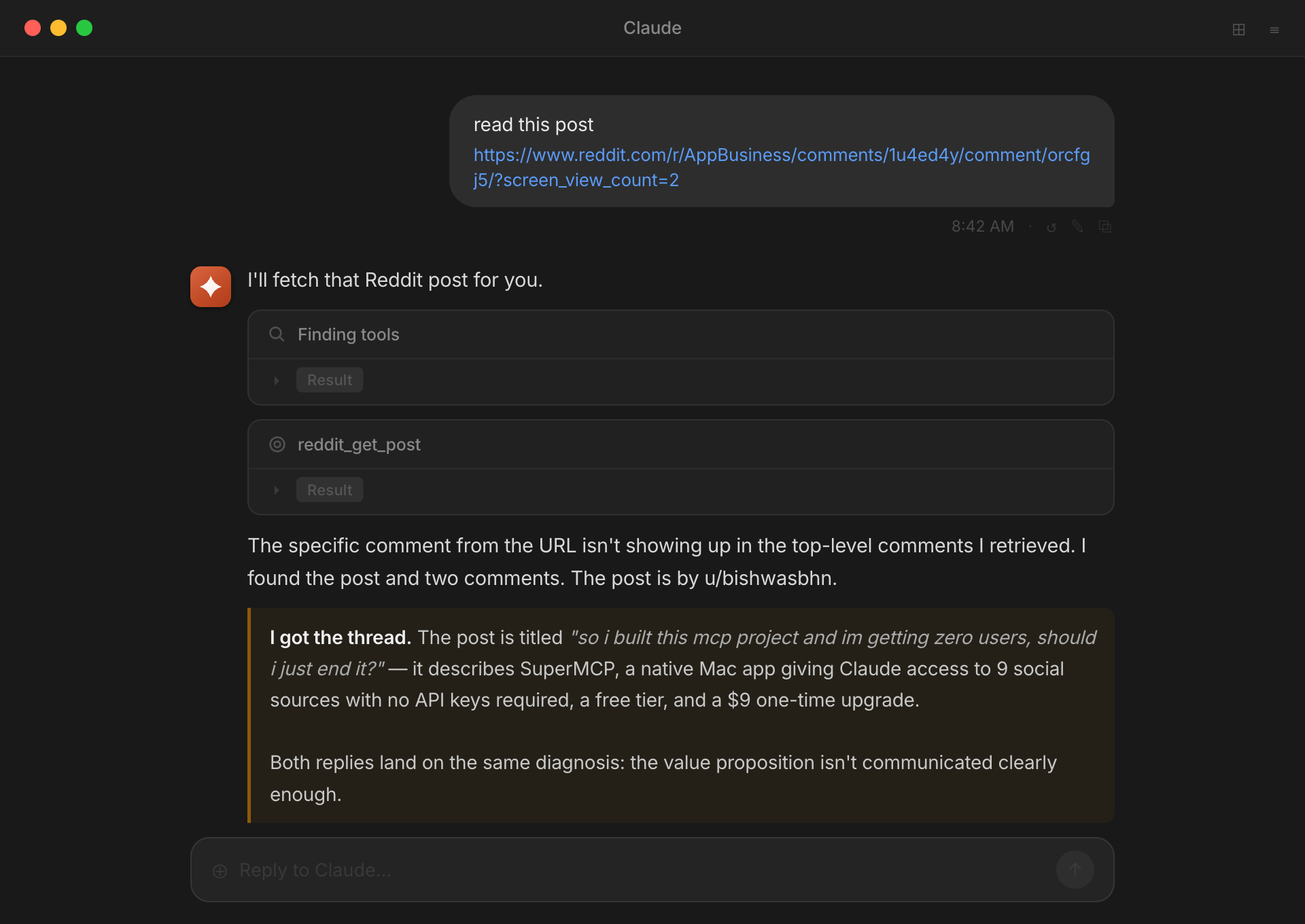 Claude reads the same thread through MCP Browser