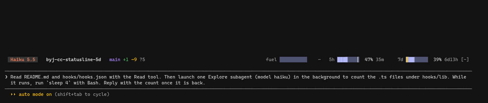 A live session: tools, a subagent and the tally move on the activity line while Claude works; afterwards the cache starts counting down