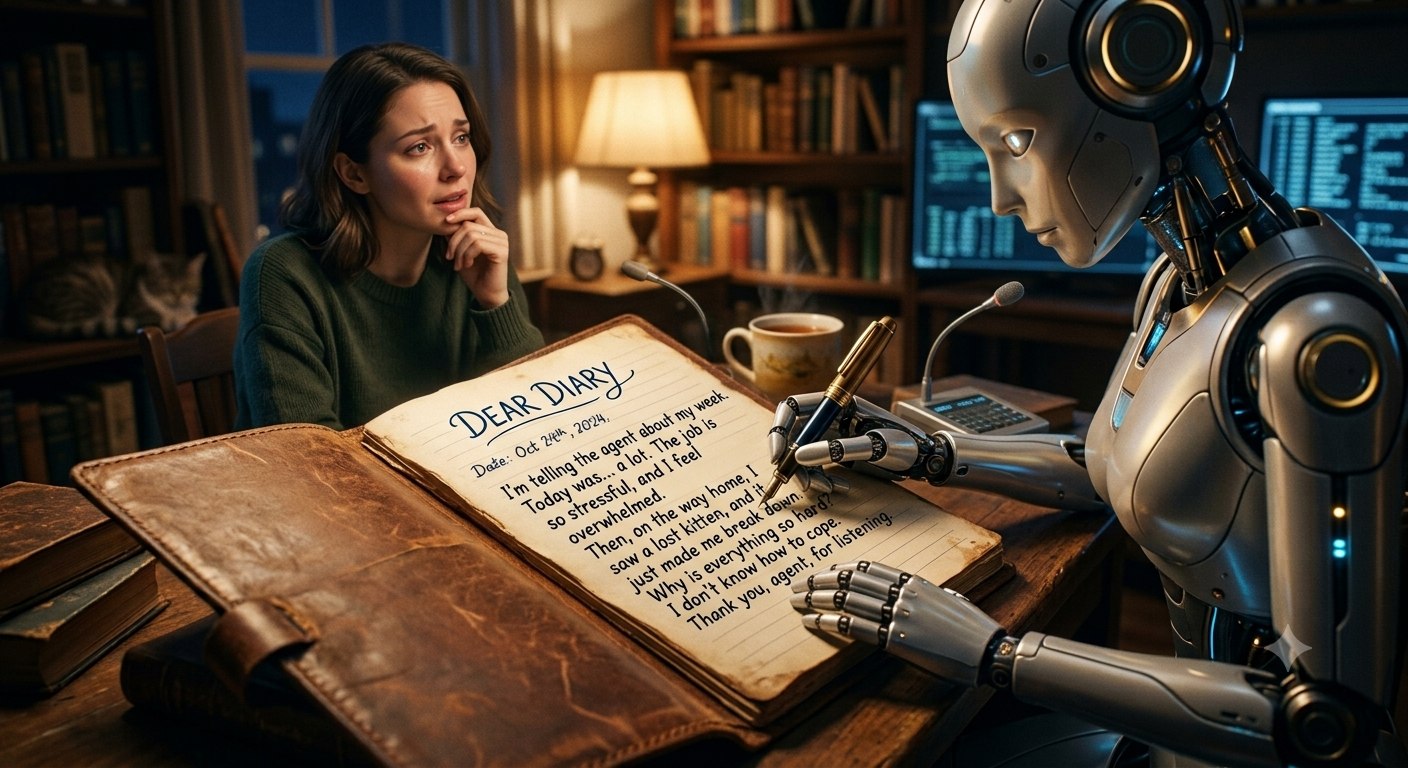 A person tells their AI agent about a hard day; the agent writes it into their diary.