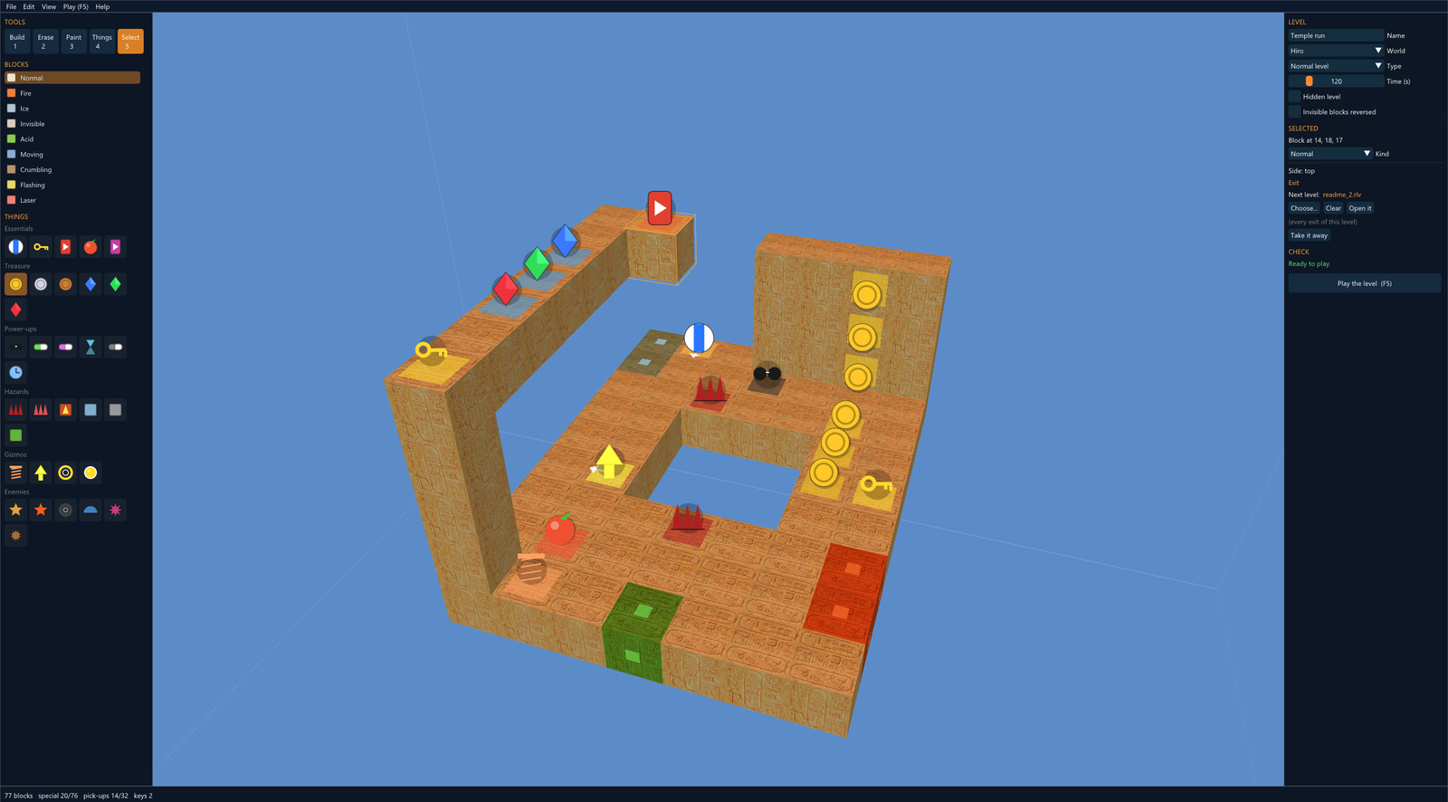 The level editor: a level of three floors in the Hiro world, the exit selected